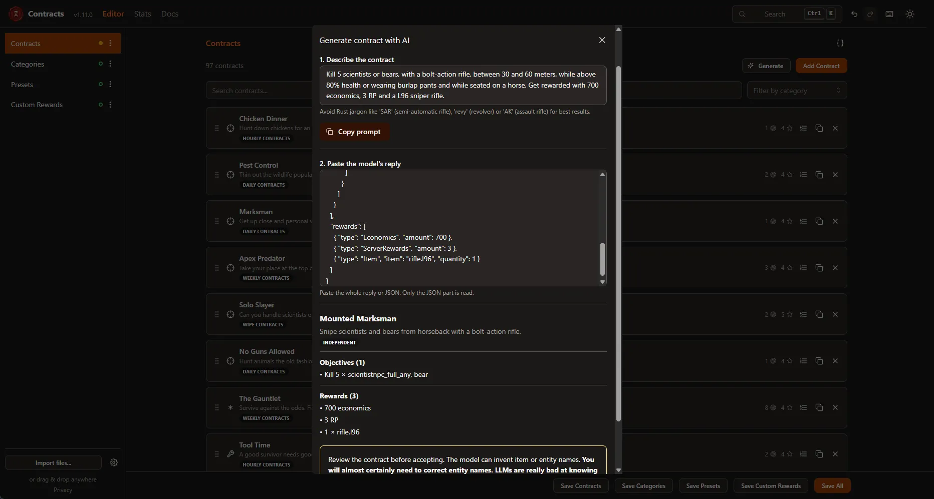The AI generation panel in the web editor turning a prompt into a contract.