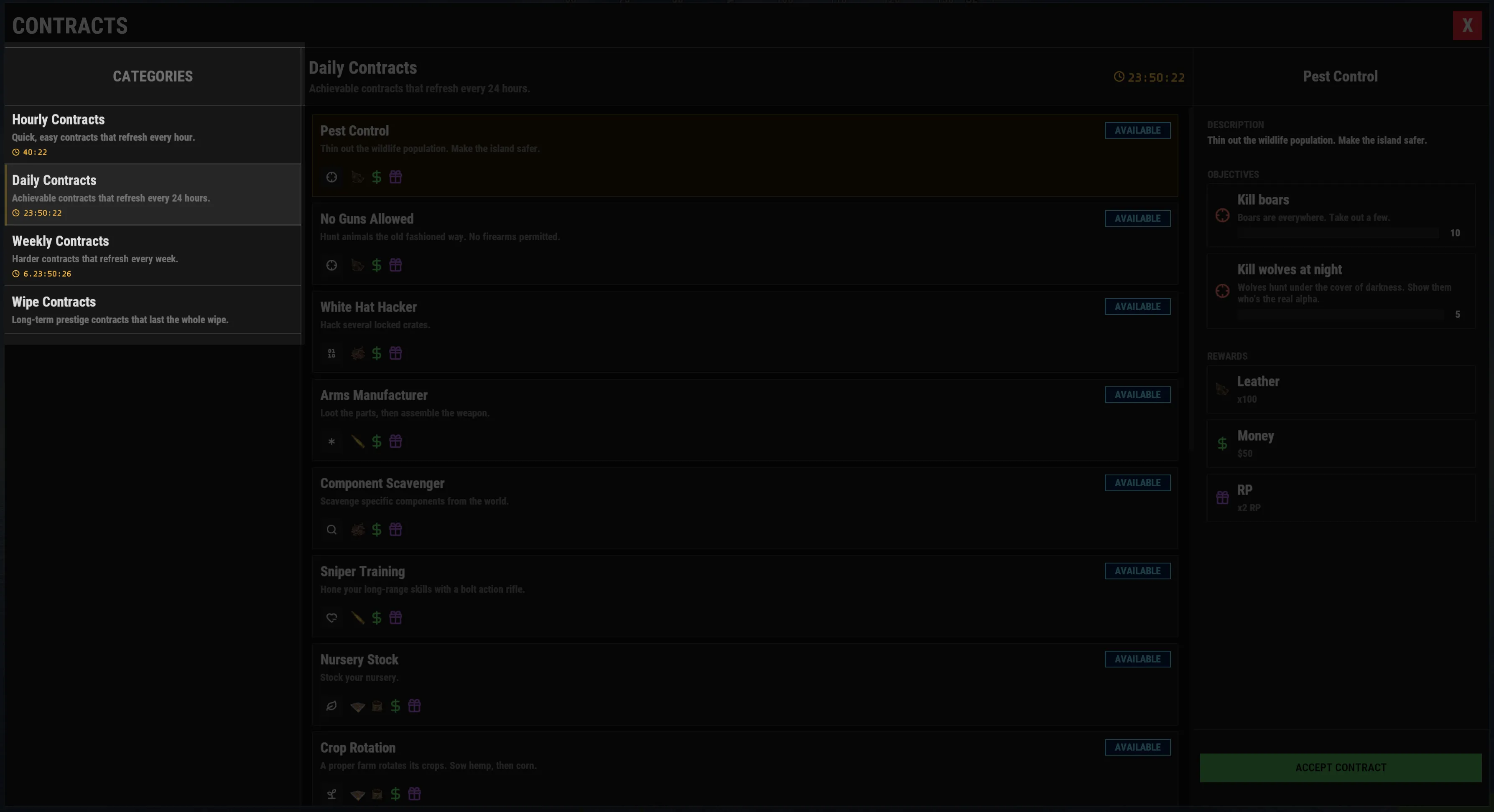 Category tabs in the menu showing hourly, daily, weekly, and wipe contract rotations.