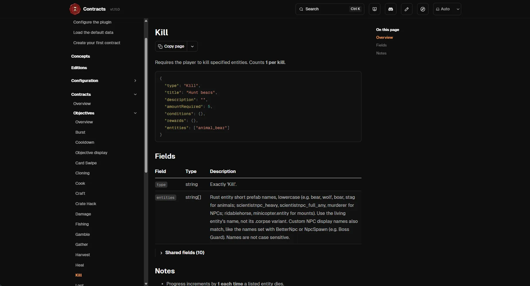 The Contracts documentation site with its sidebar and a configuration reference page.