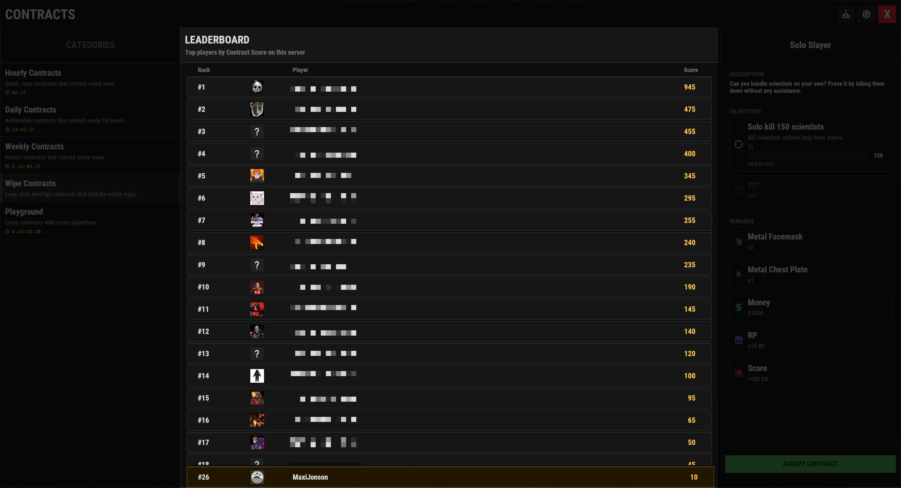 The in-game leaderboard ranking players by Contract Score, with the viewer's own rank pinned at the bottom.