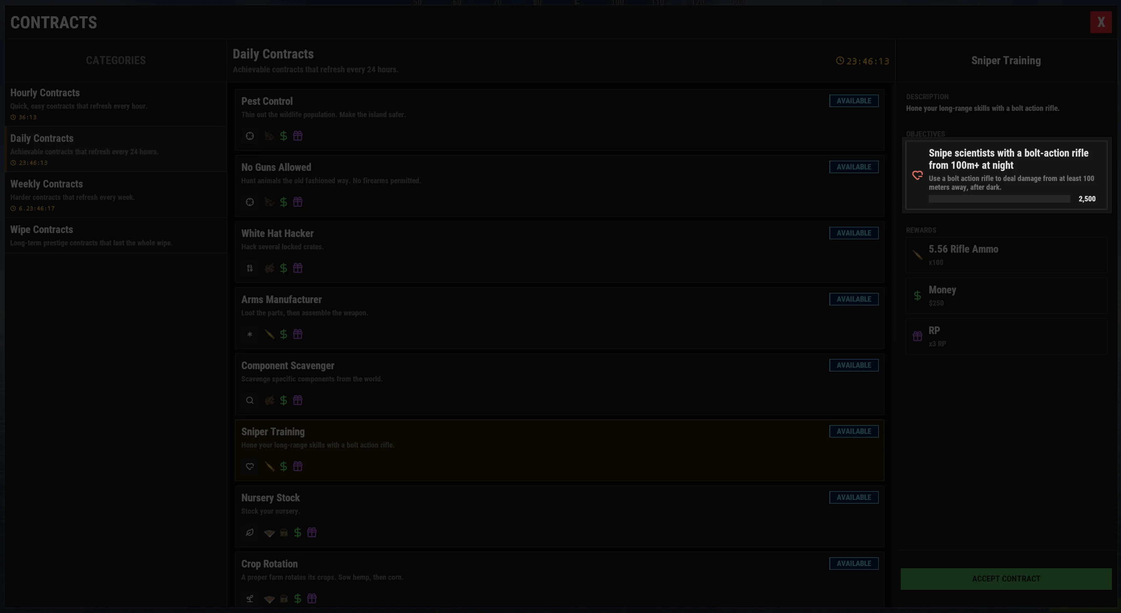 Condition settings attached to an objective, such as weapon and time of day.