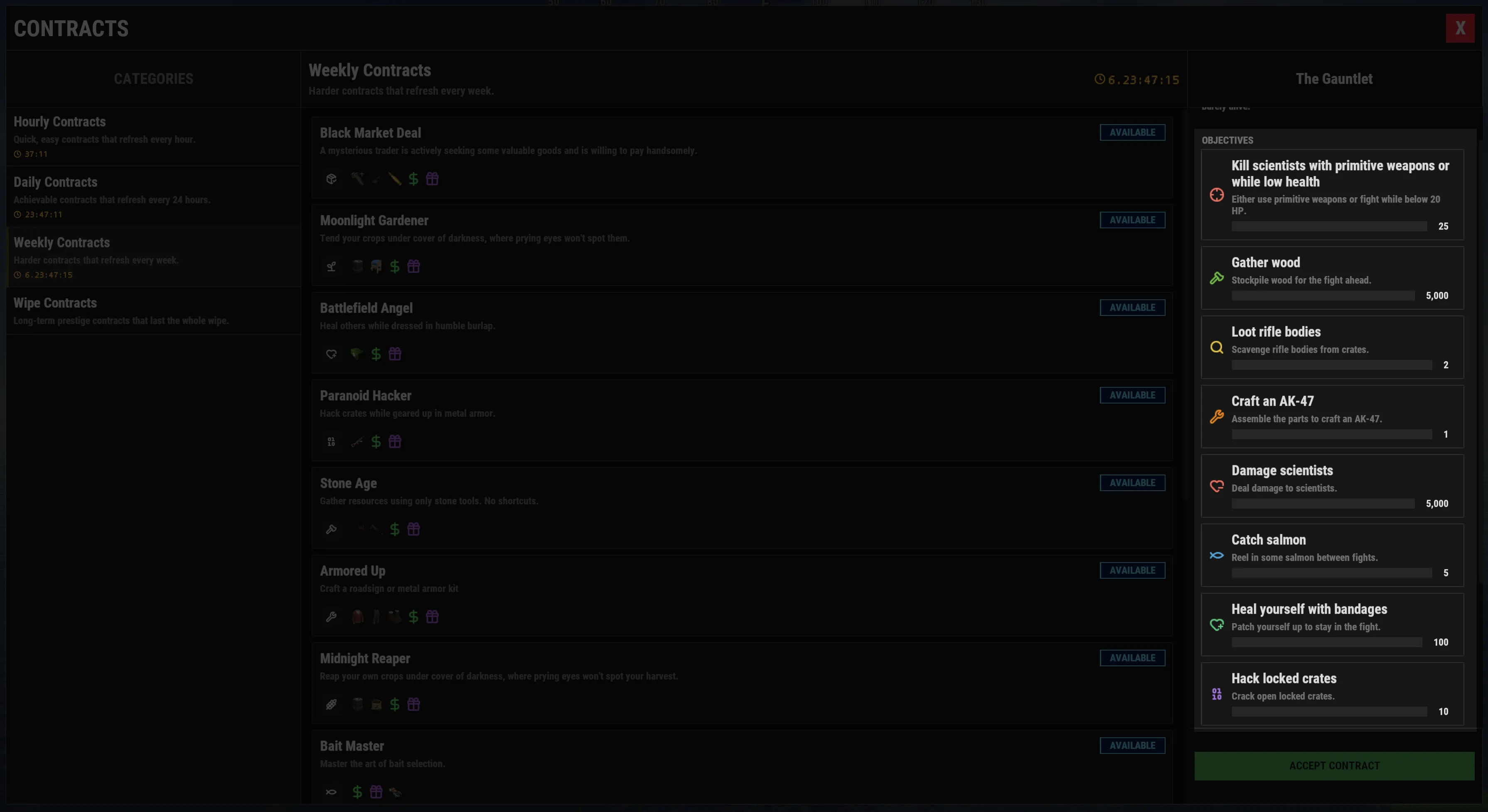 A contract listing several different objective types a player can complete.