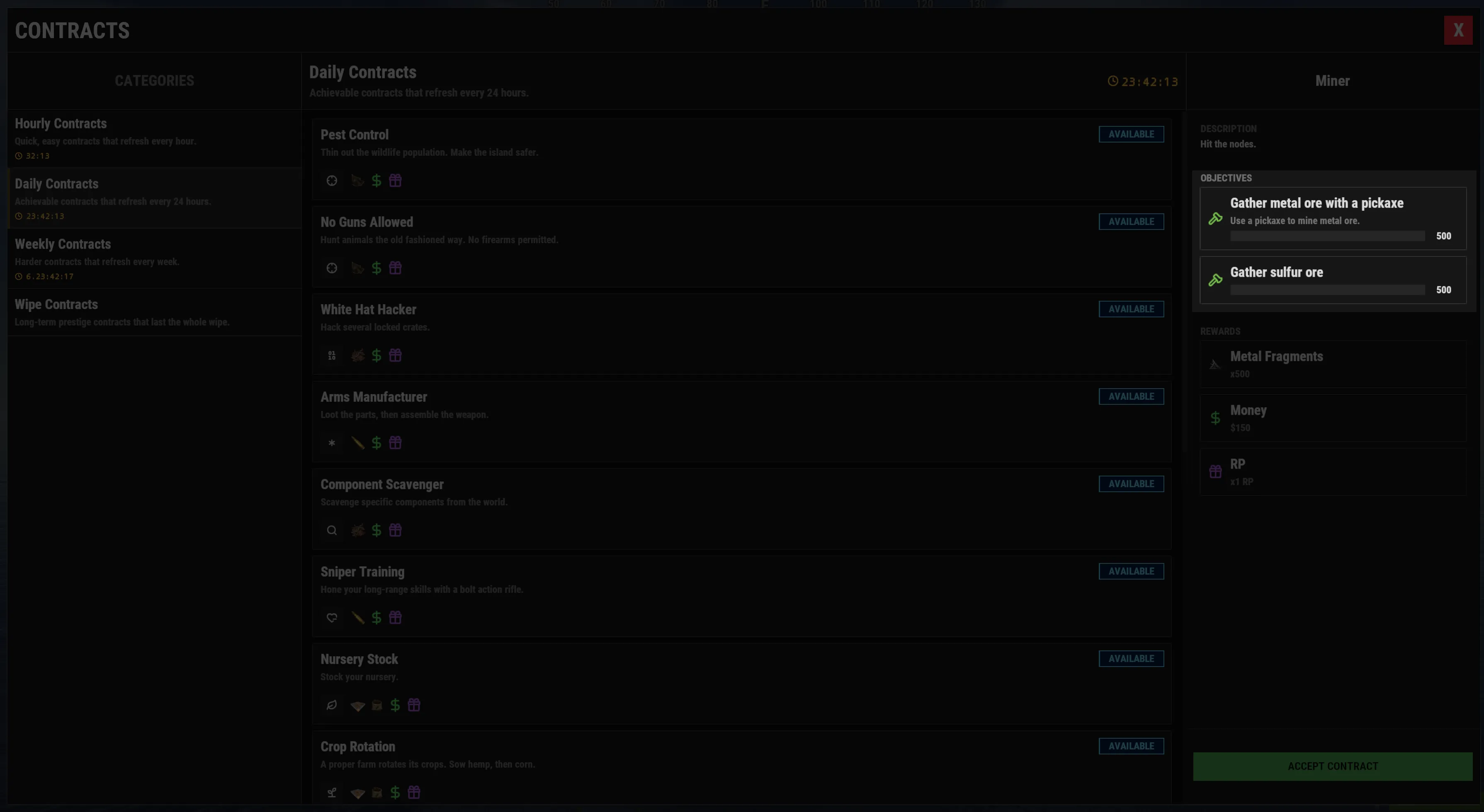 A contract in independent mode, with every objective available at once.