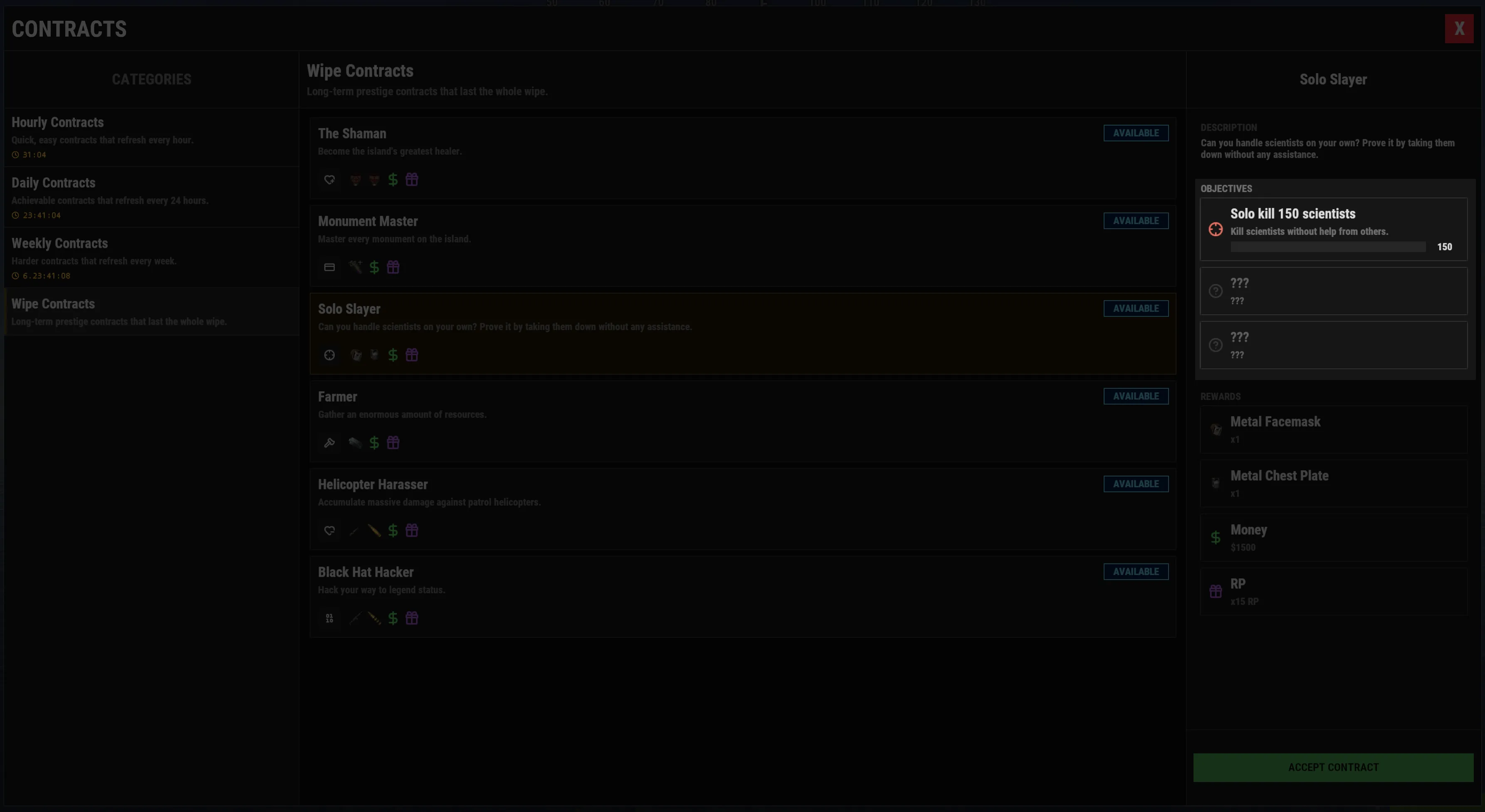 A contract in progressive mode, with later objectives hidden until reached.