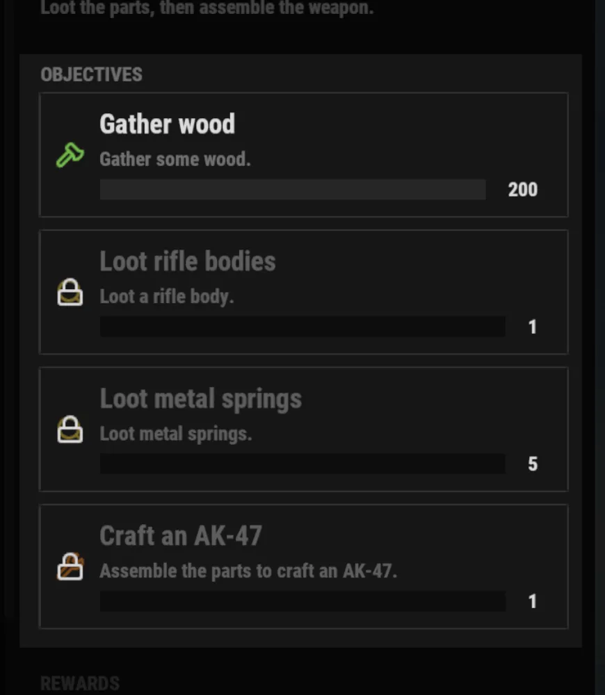 A contract in sequential mode, with objectives unlocked one at a time.