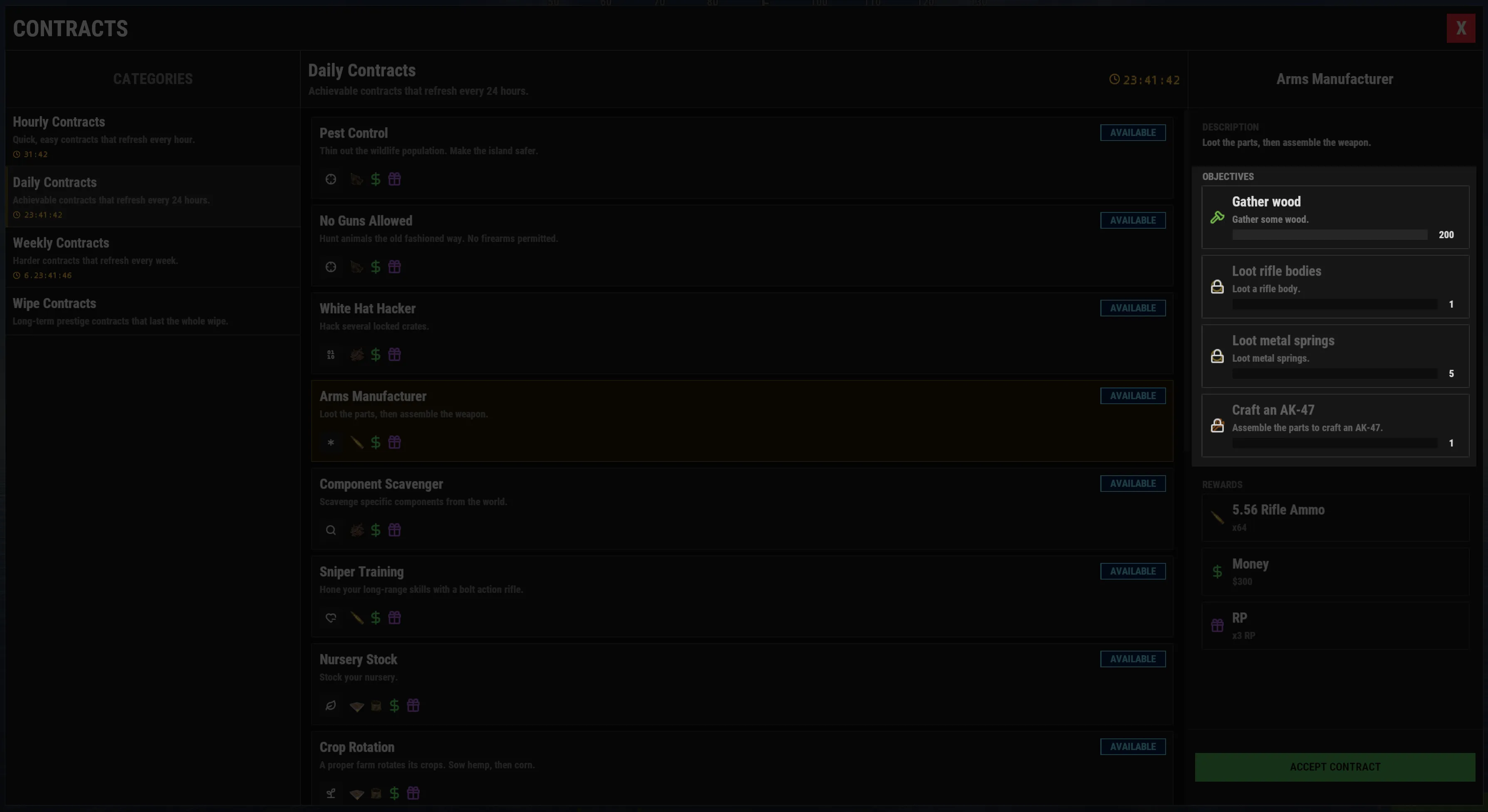 A contract in sequential mode, with objectives unlocked one at a time.