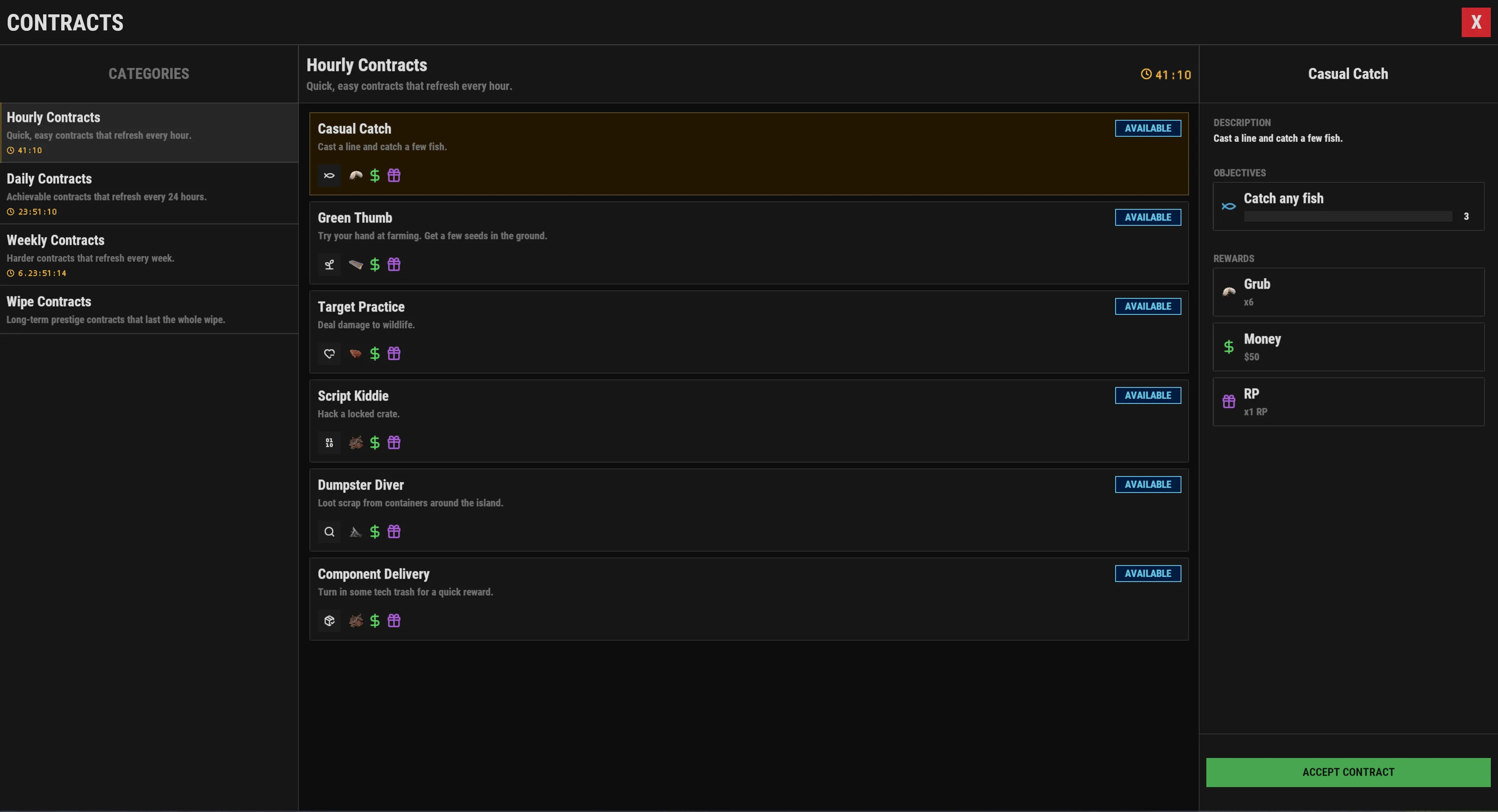 The in-game Contracts menu, where players browse, accept, and track contracts.