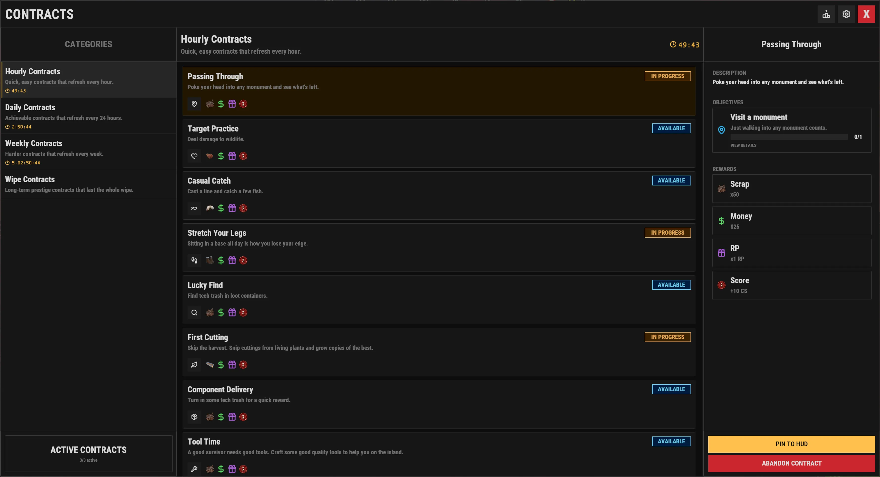 The in-game Contracts menu listing available contracts with objectives and rewards.