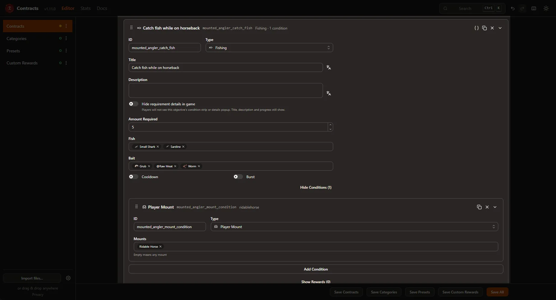 Editing a single contract in the web editor, with objectives and rewards expanded.