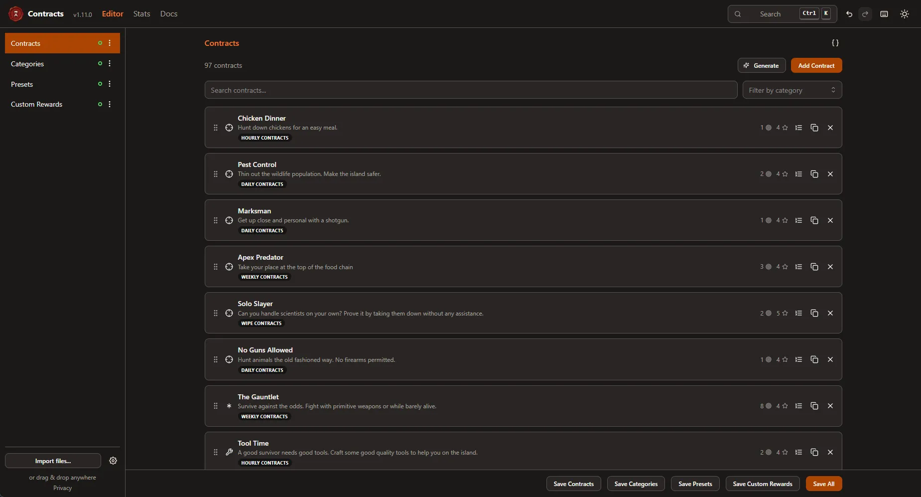 The Contracts web editor listing contracts, categories, and presets for editing.